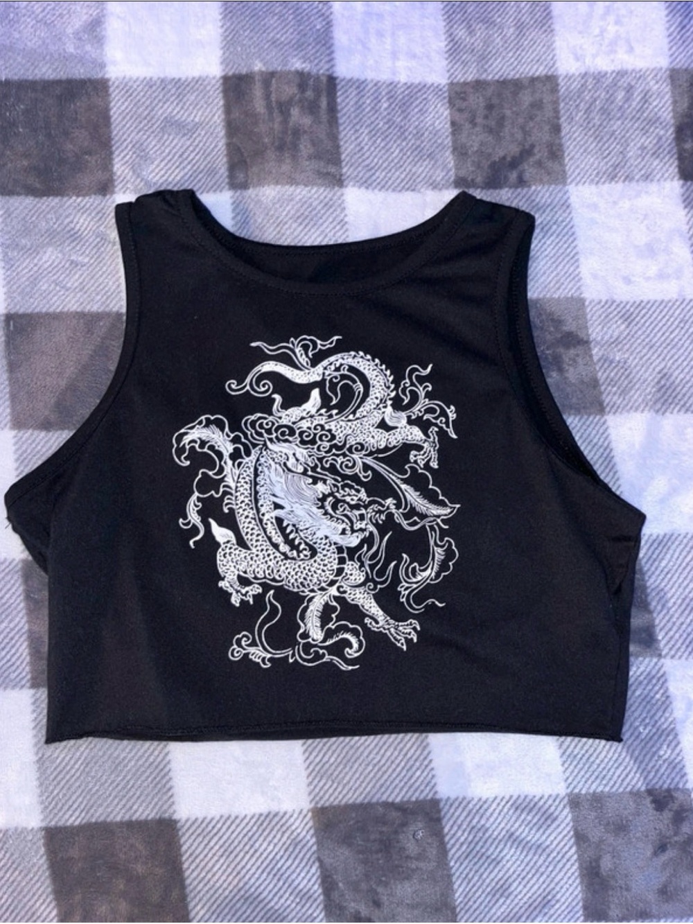 Black Dragon Print Crop Tank Top - Women